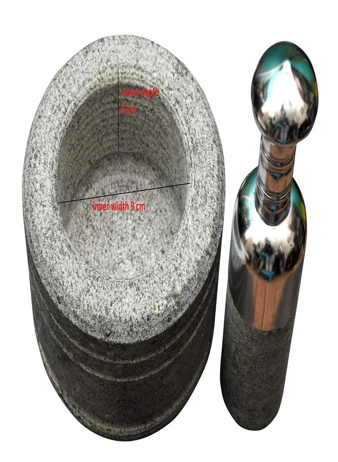 EZAHK Mortar and Pestle Set with Stainless Steel Handle for Spices (6 inch), Okhli Masher, Ural, Khalbatta, Kharal, Mixer, Natural & Traditional Grinder Musal, Well Design for Kitchen and Home - Image 5